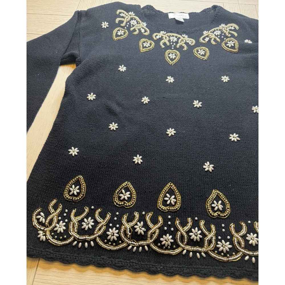 Margules Black VTG Beaded Sweater Women L 3/4 Sleeves Festive Glam Retro Cotton
